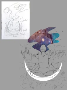 Sketch of the Gaia Shakti project, starting illustration depicting a female figure with coloured hair.