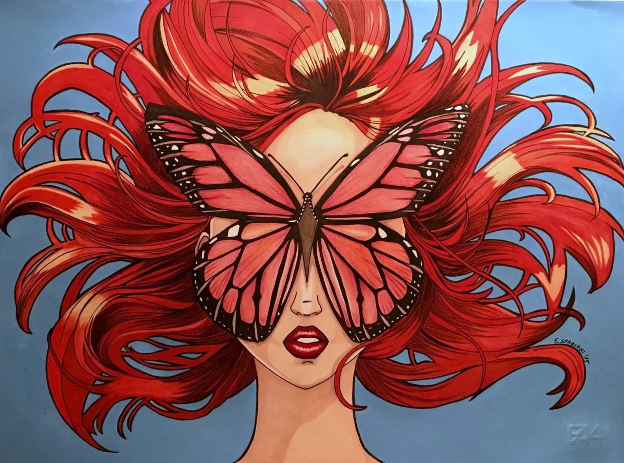 A detailed illustration of a woman with long, flowing red hair that appears to ripple in the wind. A large butterfly with pink and black wings covers her eyes, creating a mask-like effect. Her lips are painted red, and the background is a smooth sky blue, enhancing the contrast and energy of the piece. The image suggests themes of change and self-expression.