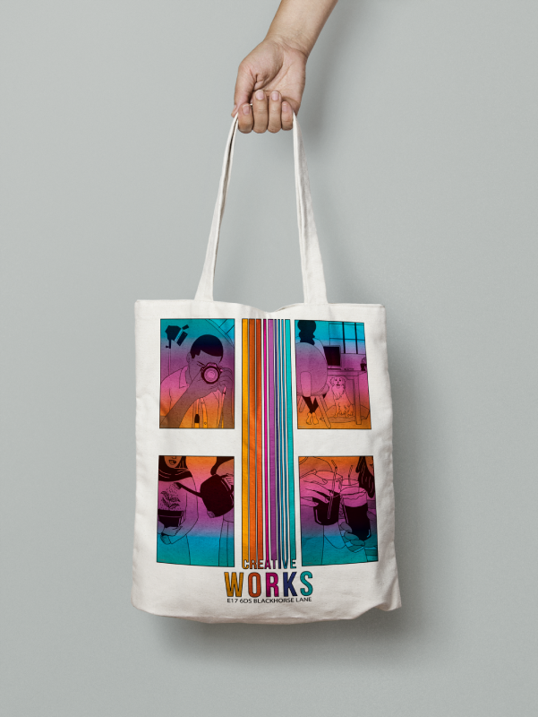 Creative Works - picture of the totebag with Dante's Yard' illustration