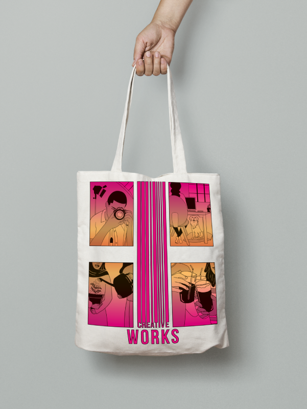 Modern and colorful artistic illustration depicting various creative scenes: a photographer with a camera, a person working at a computer with a dog nearby, someone watering a plant, and two people toasting with drinks. Vibrant design with gradient tones and the text 'Creative Works'. Perfect for representing creativity and artistic work. Original artwork by Dante's Yard.