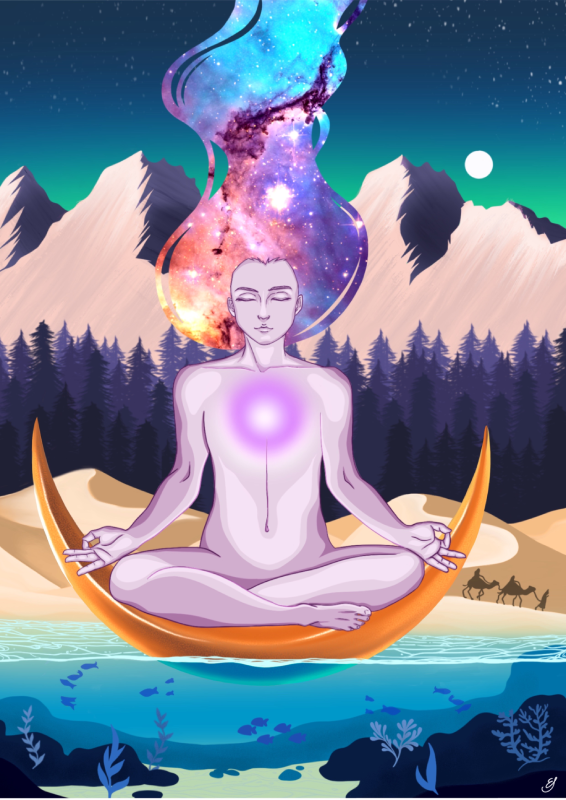Illustration of a luminous figure sitting in a yoga pose on a crescent moon, floating above a crystal-clear lake. Their head transforms into a colorful galaxy, symbolizing cosmic connection and spiritual enlightenment. In the background, mountains, a forest, and camels in the desert under a full moon. Original artwork by Dante's Yard.