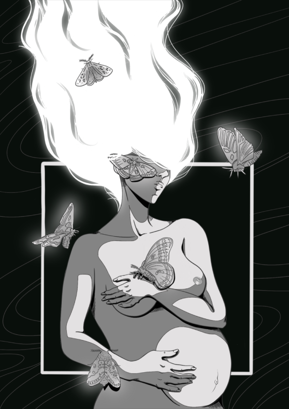 Grayscale image of a serene figure with glowing white hair that resembles a flame. Moths flutter around and rest on their body, including one on their face, covering their eyes. The figure cradles their pregnant belly with one hand while the other gently holds a moth. The composition emphasizes ethereal calmness and mystery, with a dark background highlighting the figure and glowing hair.
