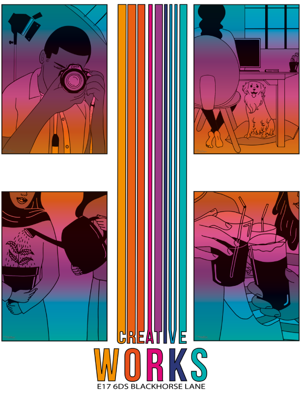 Modern and colorful artistic illustration depicting various creative scenes: a photographer with a camera, a person working at a computer with a dog nearby, someone watering a plant, and two people toasting with drinks. Vibrant design with gradient tones and the text 'Creative Works'. Perfect for representing creativity and artistic work. Original artwork by Dante's Yard.