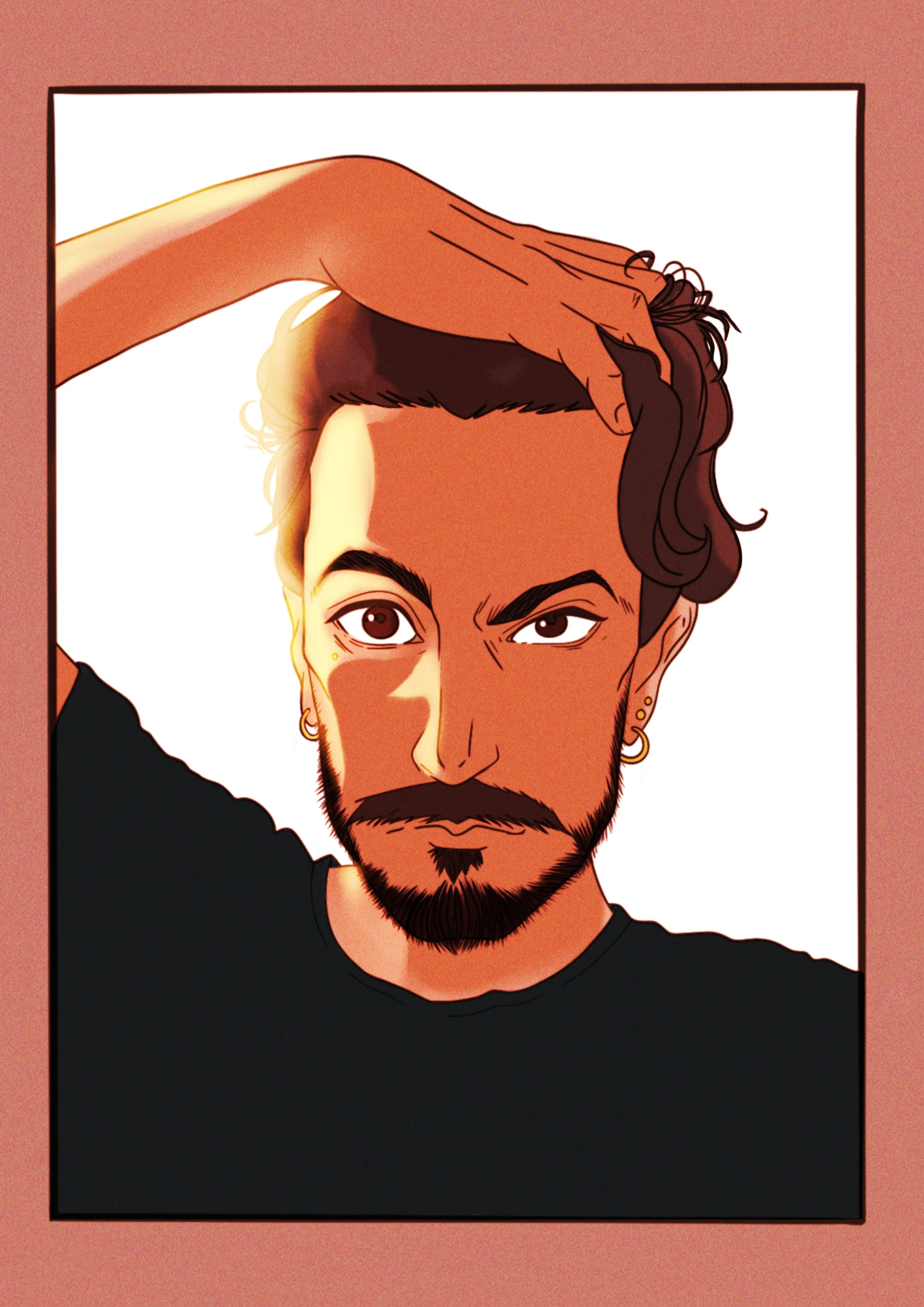 A vibrant and expressive self-portrait of a man with short, wavy hair, a beard, and a piercing gaze. He is wearing a black shirt and has one hand running through his hair. Warm lighting creates dramatic shadows on his face, enhancing the intensity of his expression. The background is minimal with a reddish border, emphasizing the subject.