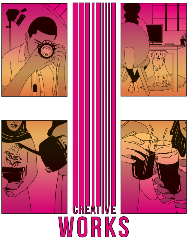 Modern and colorful artistic illustration depicting various creative scenes: a photographer with a camera, a person working at a computer with a dog nearby, someone watering a plant, and two people toasting with drinks. Vibrant design with gradient tones and the text 'Creative Works'. Perfect for representing creativity and artistic work. Original artwork by Dante's Yard.
