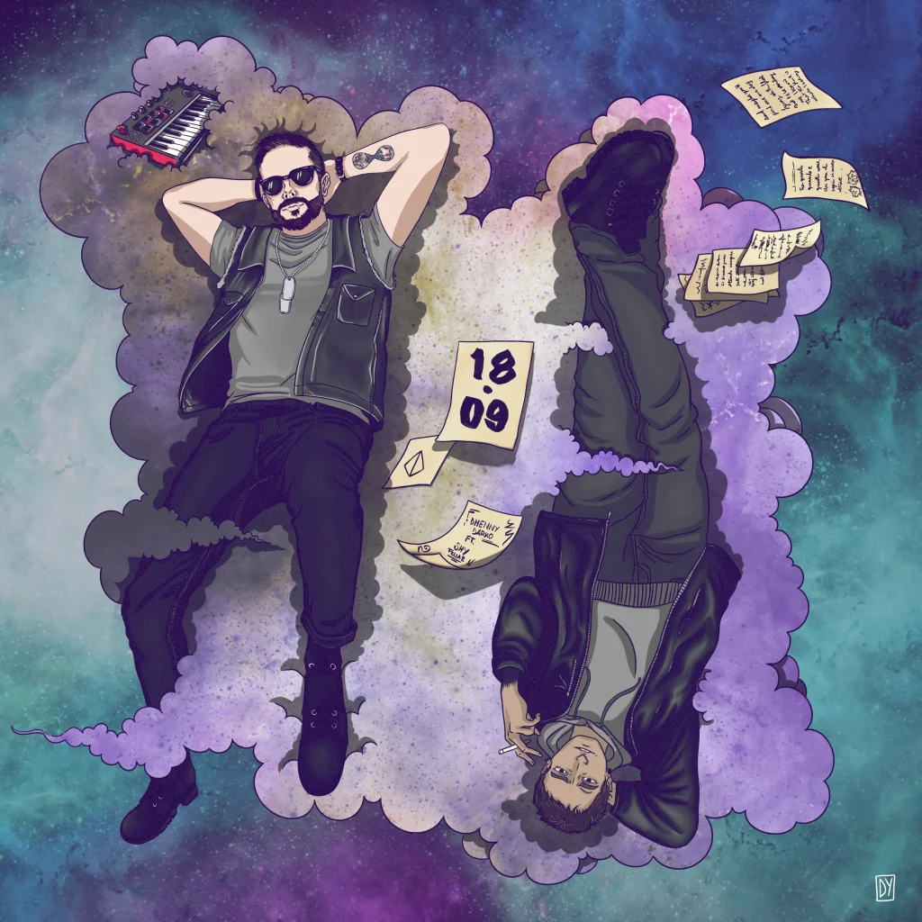 Illustration for Dhenny Darko, depicts two men lying on an iridescent purple cloud with various sheets scattered around.