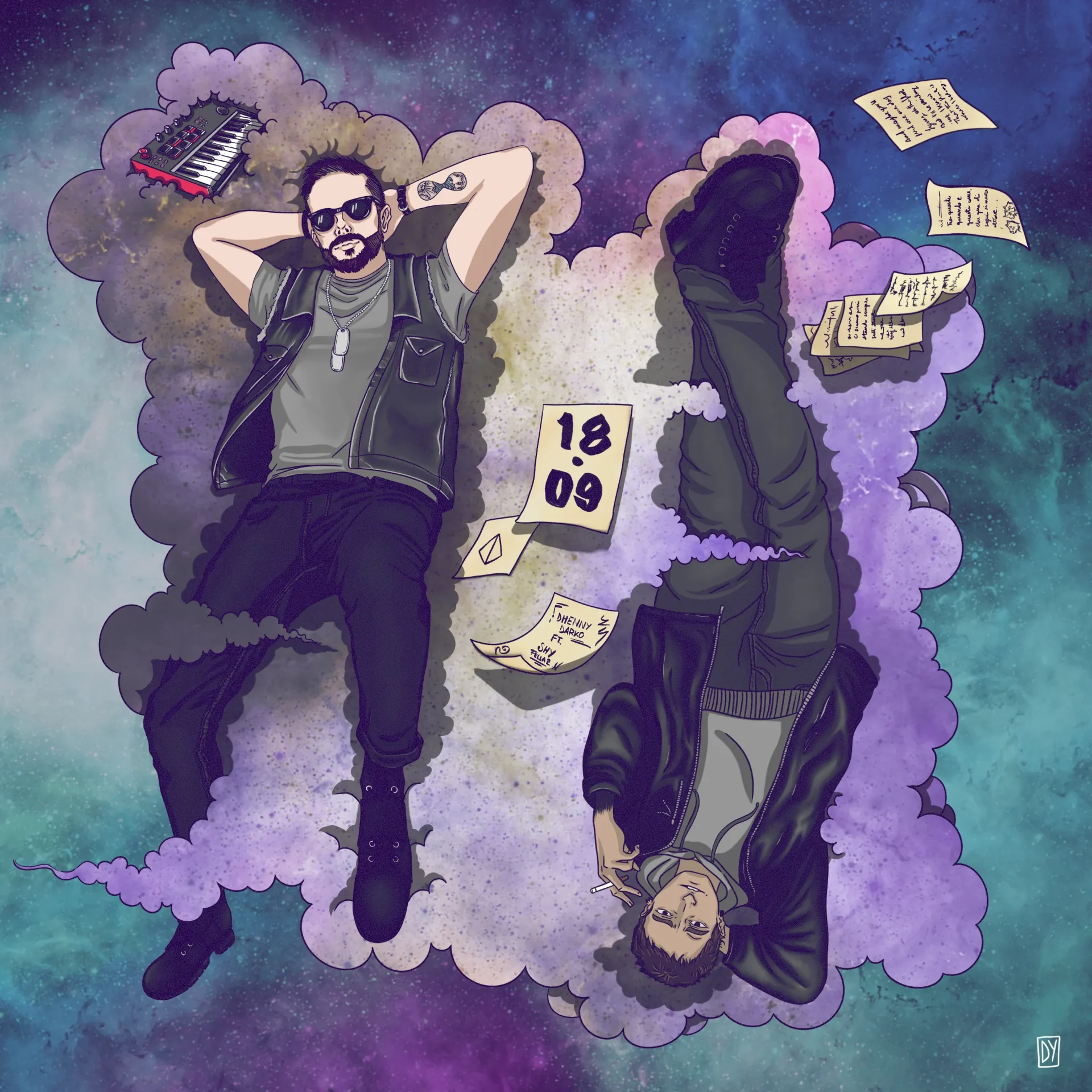 Illustration for Dhenny Darko, depicts two men lying on an iridescent purple cloud with various sheets scattered around.