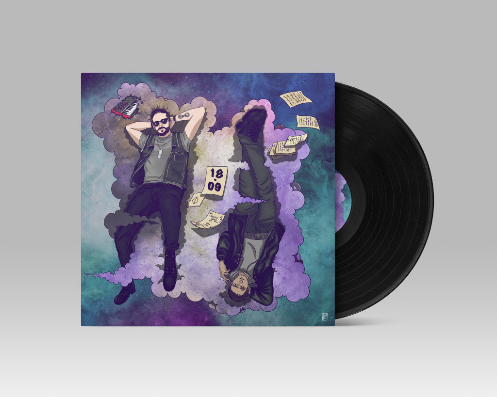 Mockup image for Dhenny Darko vinyl, the cover depicts two men lying on an iridescent purple cloud with various sheets scattered around and the black vinyl can be glimpsed peeking out of the sleeve.
