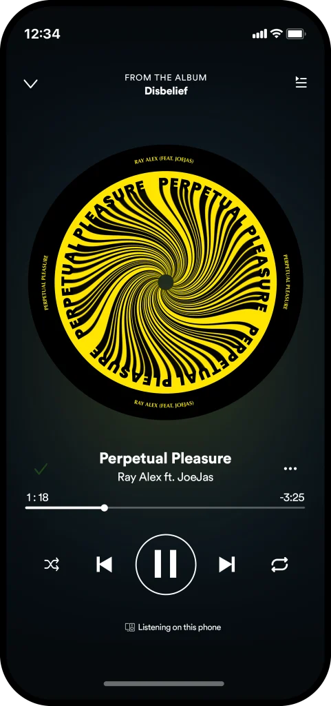Mockup of the song 'Perpetual Pleasure' by Ray Alex playing on Spotify. The album artwork features a hypnotic black and yellow spiral disc. The track is from the album 'Disbelief'. Commissioned artwork by Dante's Yard.