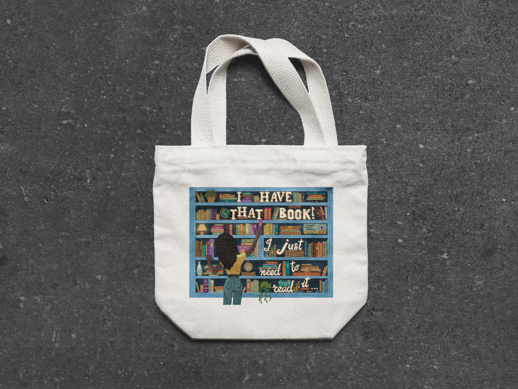 LaTasha Hill Bookcase - picture of the totebag with Dante's Yard' illustration