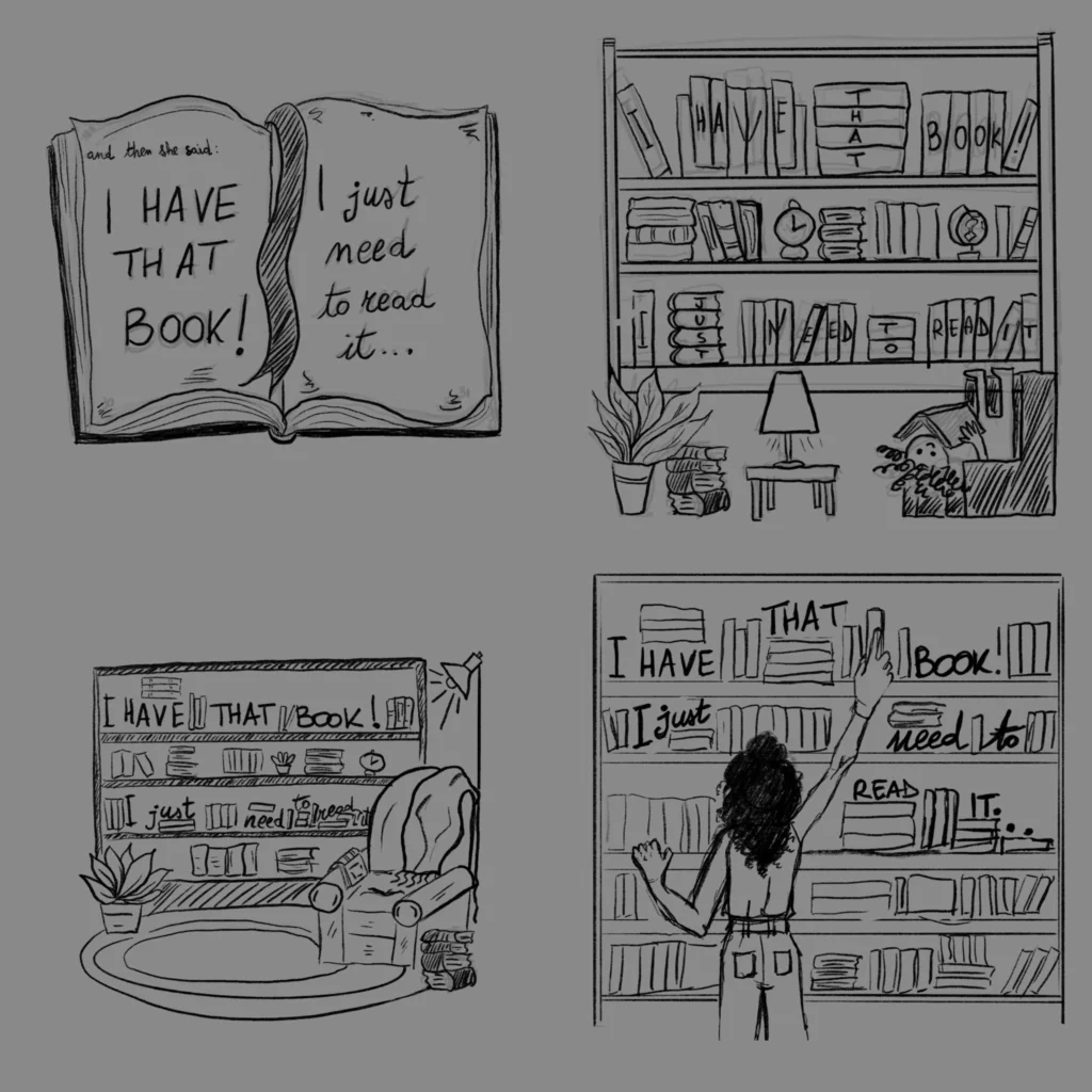 Project sketch for LaTasha Hill, depicts the starting concept with bookshelves, books and a comfortable reading lounge.