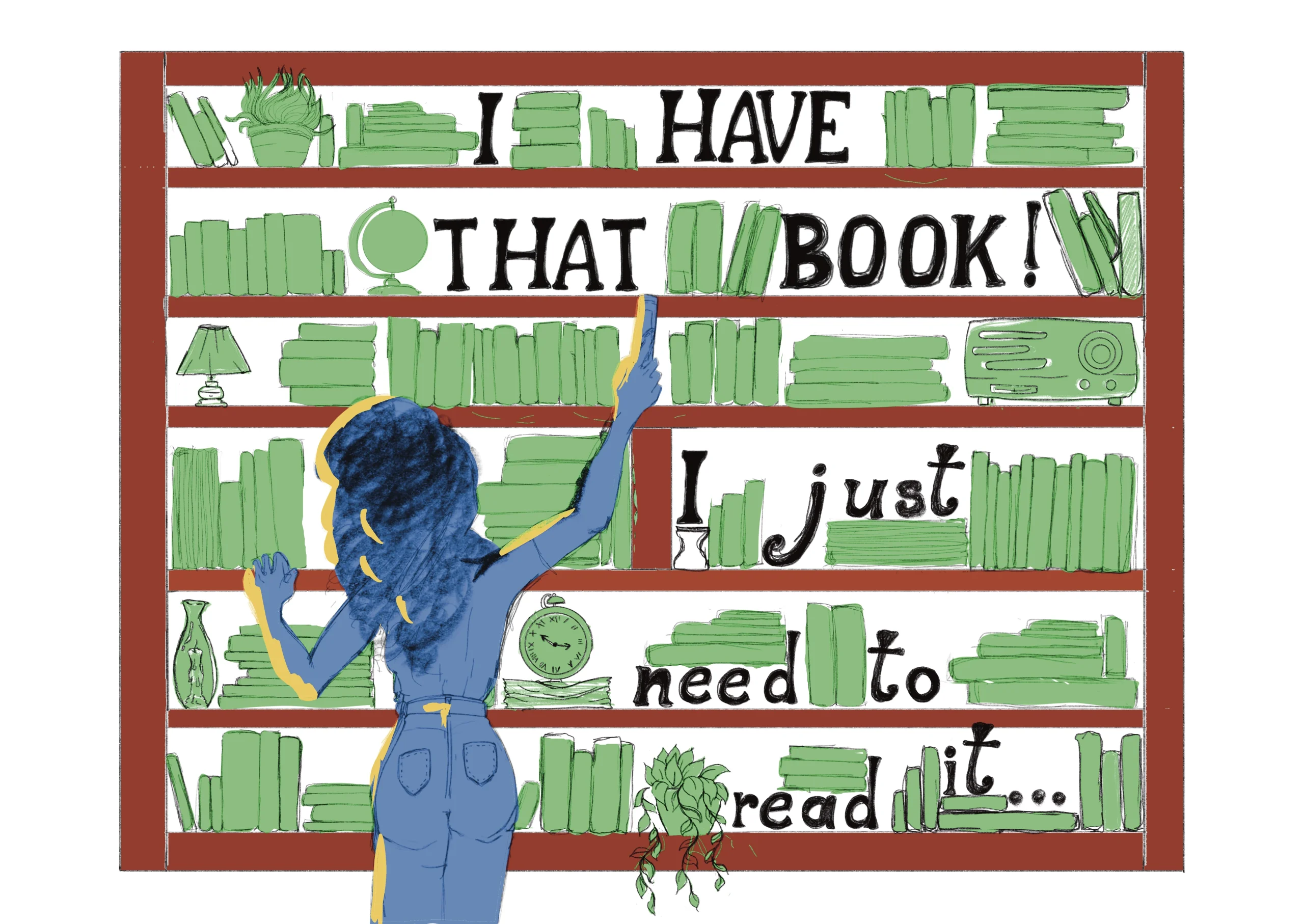 Image depicting one of the sketches for LaTasha Hill, illustrating a girl looking at a bookcase.
