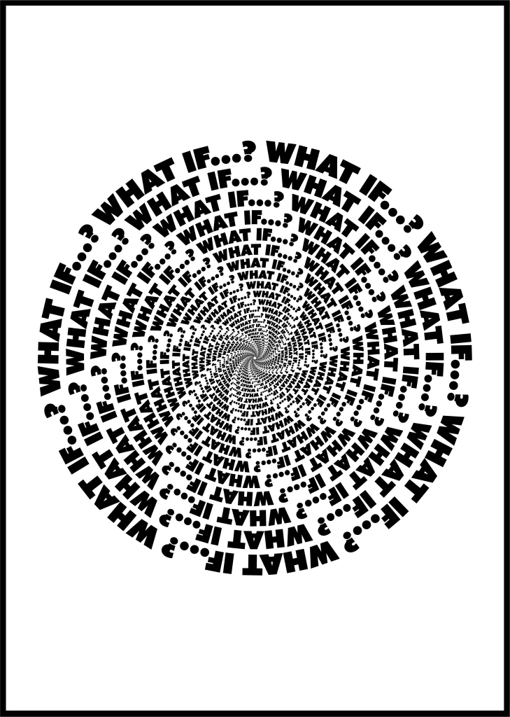Image representing the inscription ‘What if...?’ repeating in a spiral pattern.