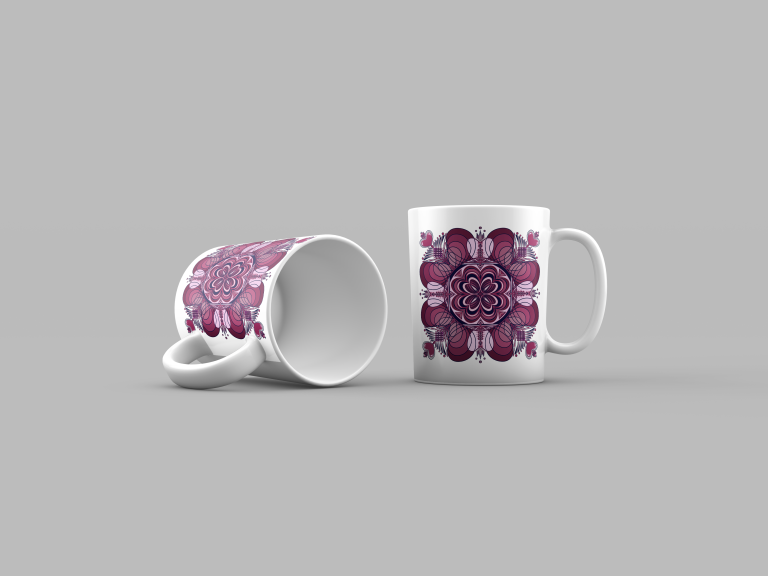 The image represents an illustration of Dante's Yard printed on mugs