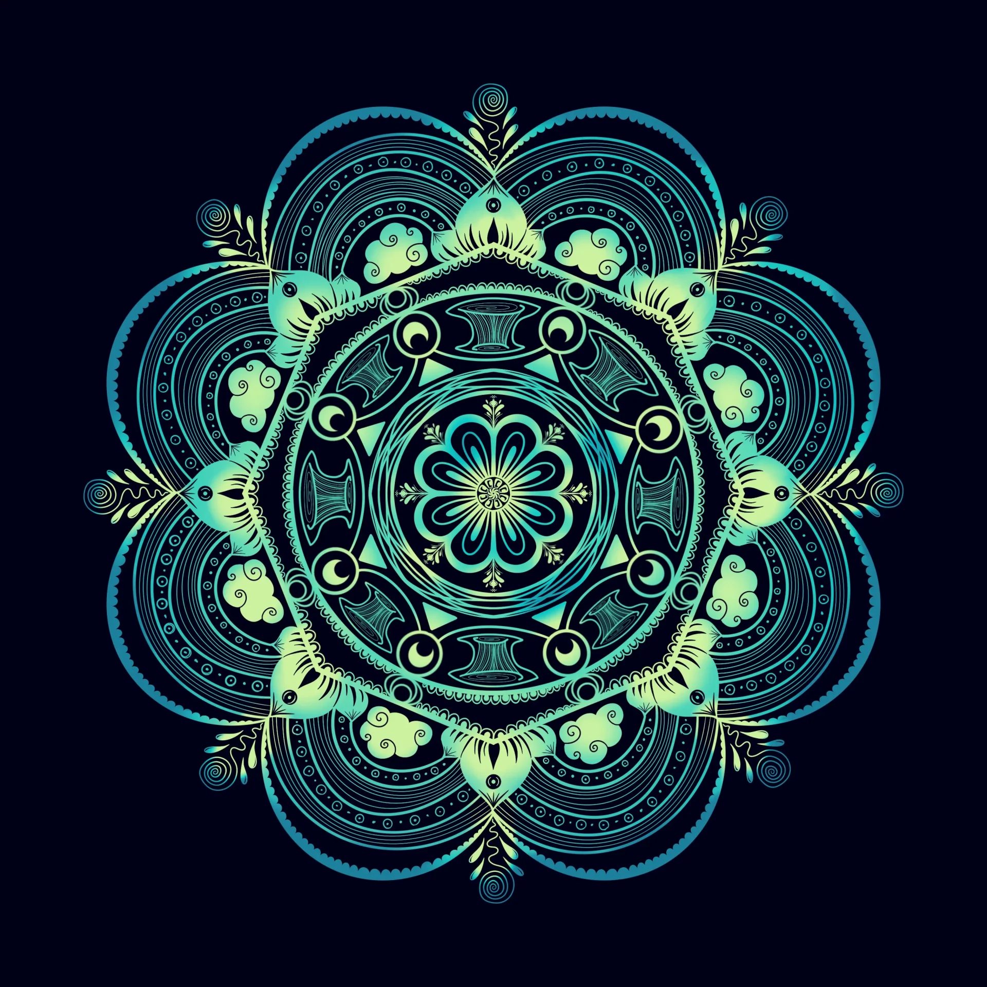 A turquoise and mint-green mandala with intricate details on a dark blue background. The design features floral elements and delicate curving lines that evoke a calming and harmonious atmosphere.